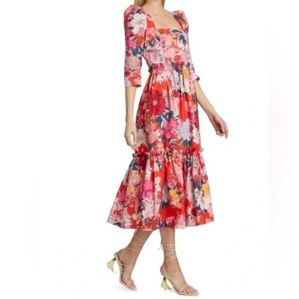 NWT Cara Cara Blue Hill Dress in Japanese Floral Red Midi Colorful Womens Size 2